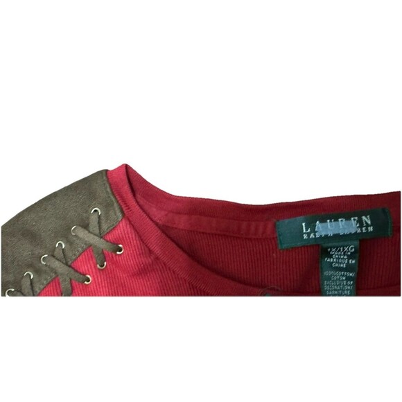 Ralph Lauren Rib-Knit Top Red w/Brown Faux Suede Epaulets Size 1X (Fits Like L) - Picture 6 of 6